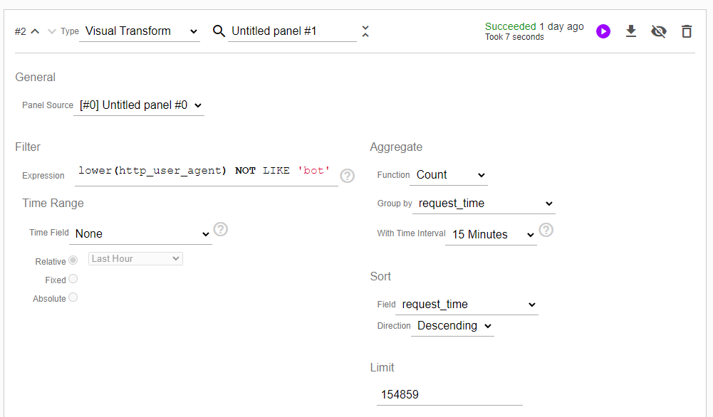 Time range filtering and time interval grouping in Visual Transform panels