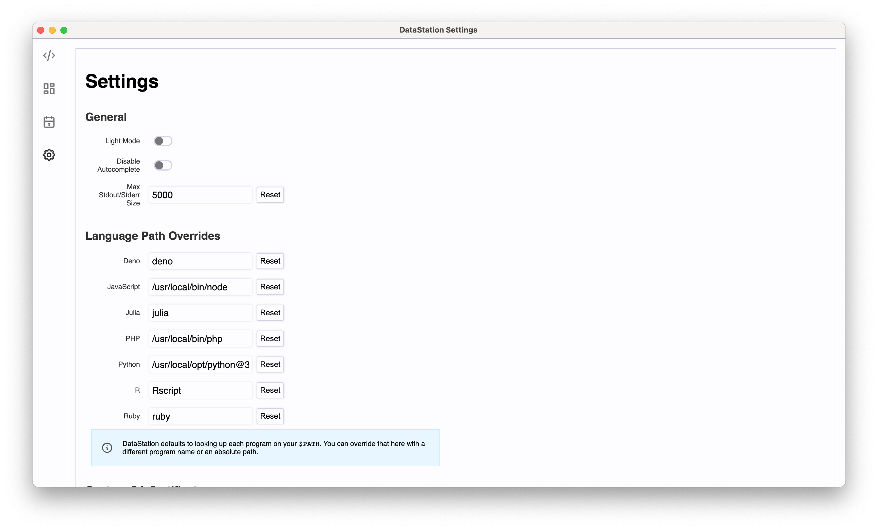 DataStation settings